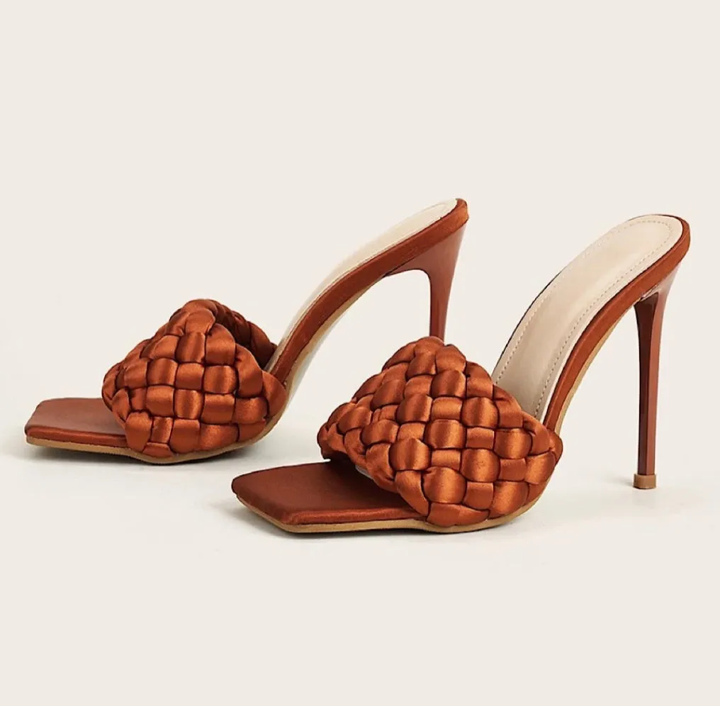 TERRACOTTA  BRAIDED SQUARE TOE HIGH HEEL SANDALS