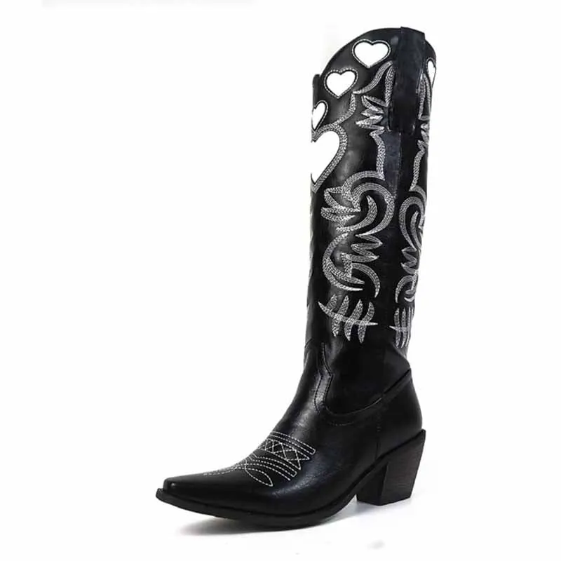 Women Black Embroidery Heart Cowgirl Boots, Embroidered Cowboy Western Knee High Heel boots