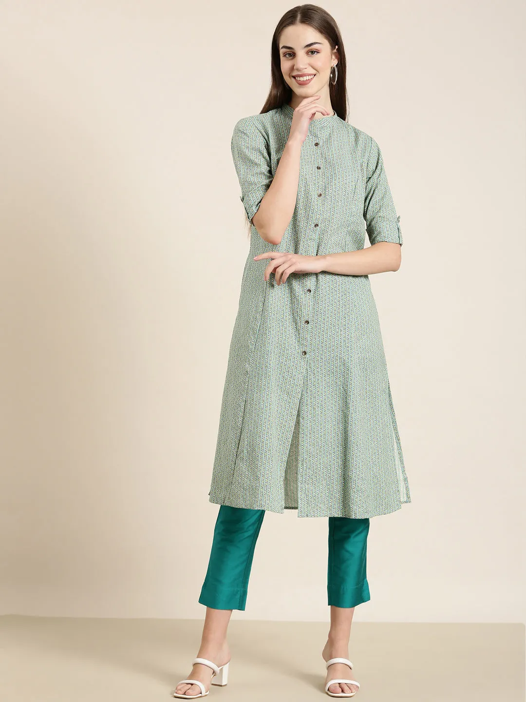 Women Green Geometrical A-Line Kurta