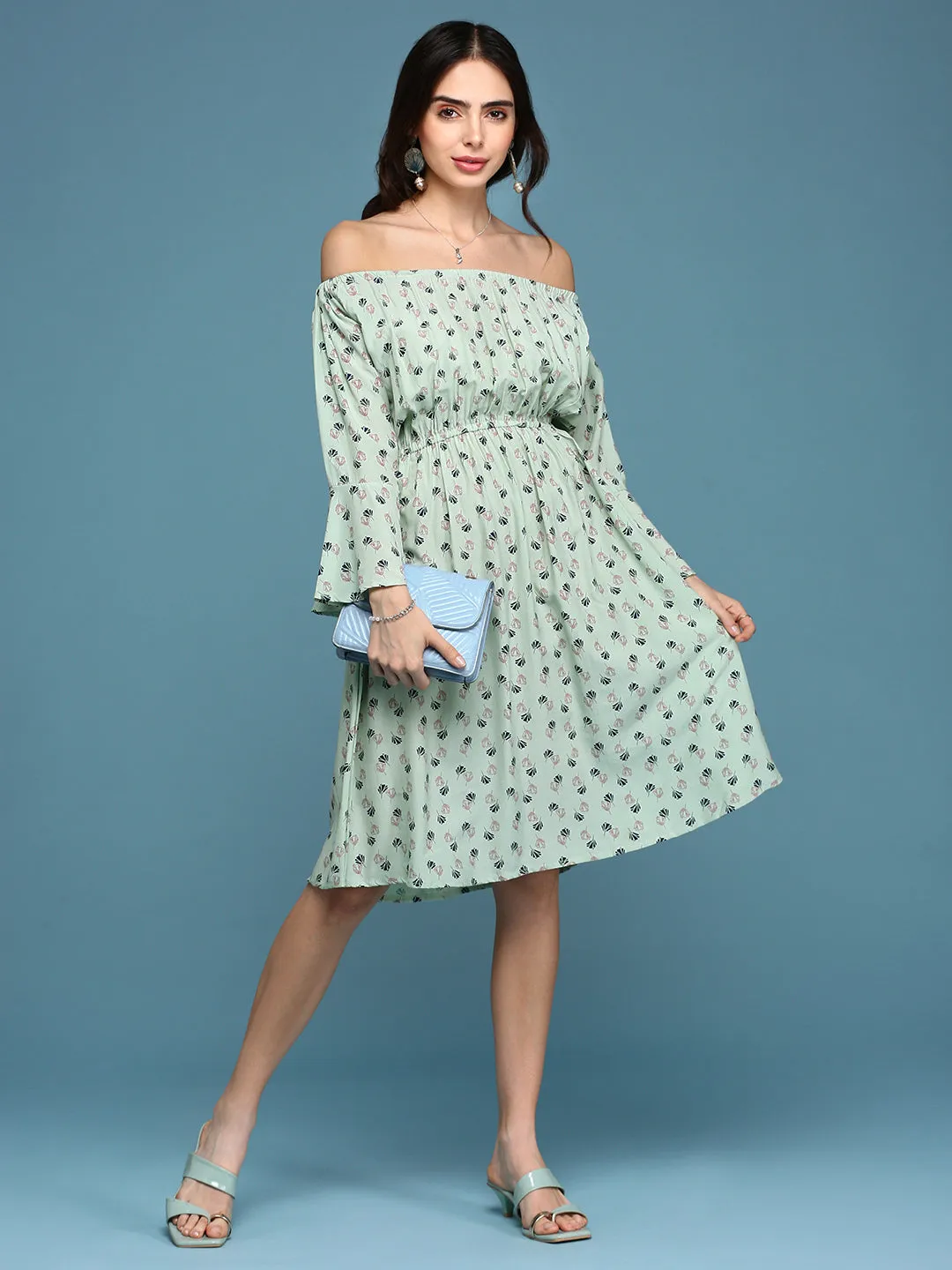 Women's A-Line Green Printed Dress
