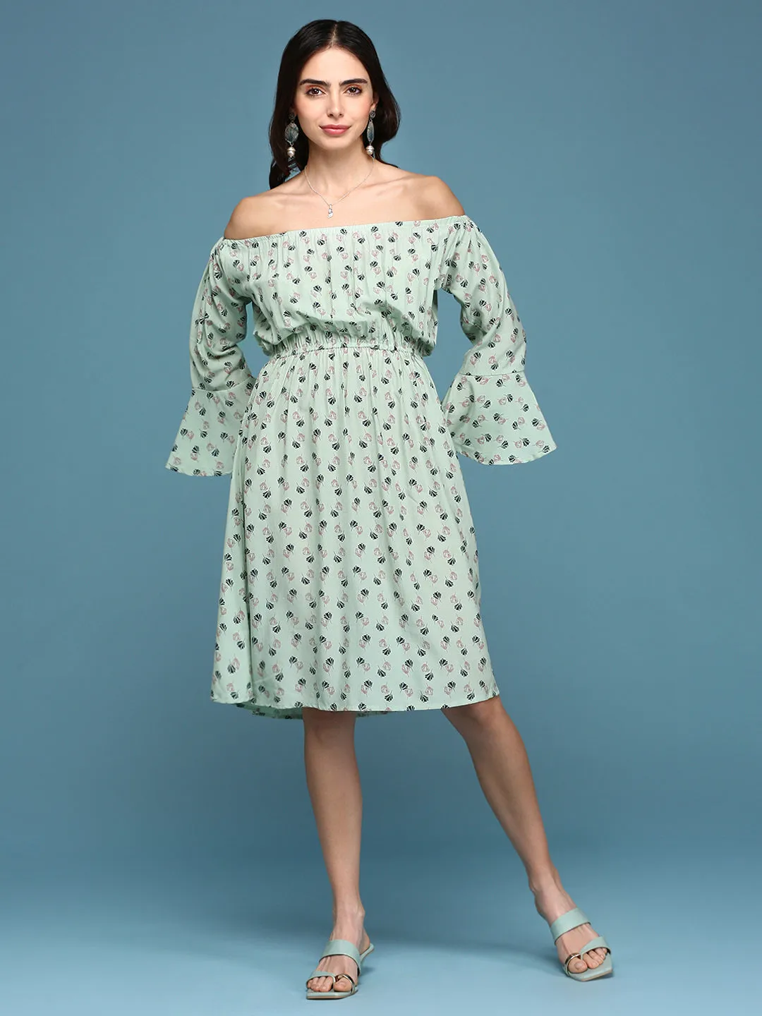 Women's A-Line Green Printed Dress