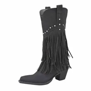 Women's Fringe and Stud Western Boot In Black Brown