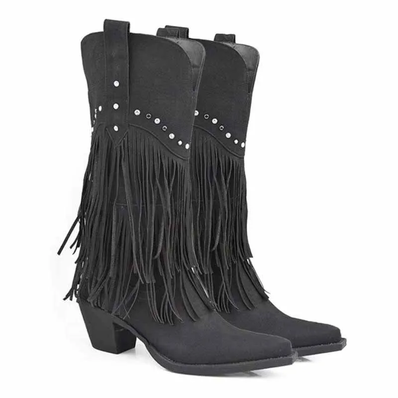 Women's Fringe and Stud Western Boot In Black Brown