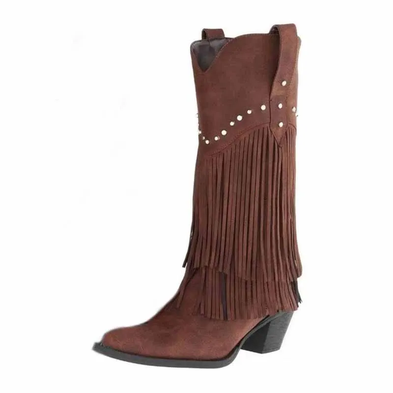 Women's Fringe and Stud Western Boot In Black Brown