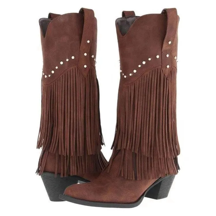 Women's Fringe and Stud Western Boot In Black Brown