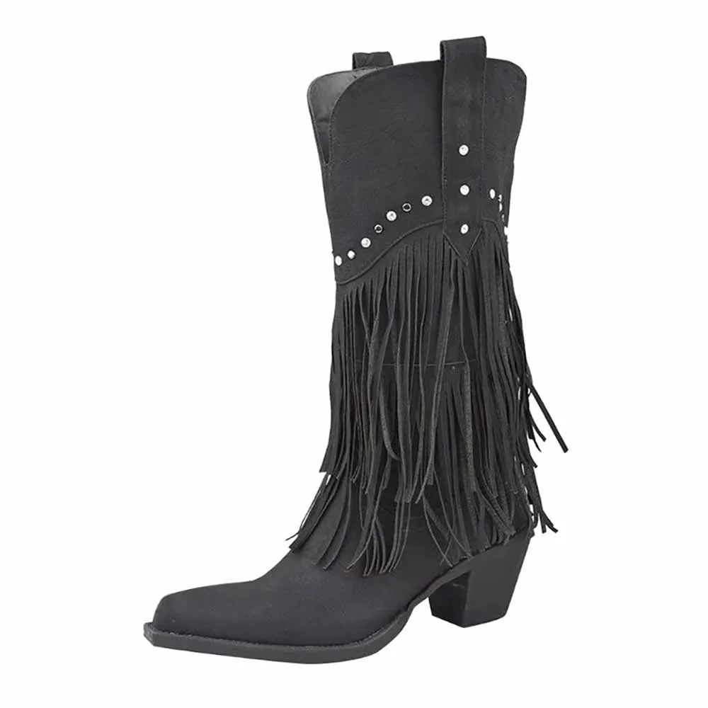 Women's Fringe and Stud Western Boot In Black Brown