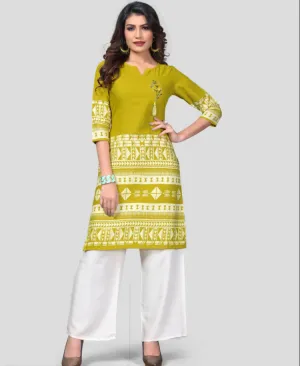 Women'S Mehendi Green Color Cotton Straight Kurta  (1Pc)