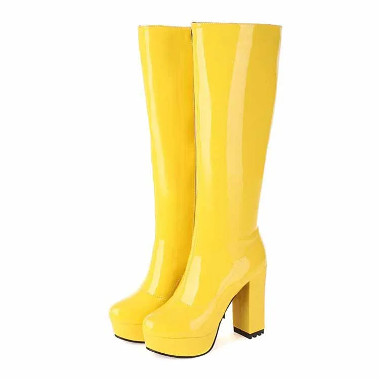 Women's Patent Leather Chunky Heel Knee High Boots