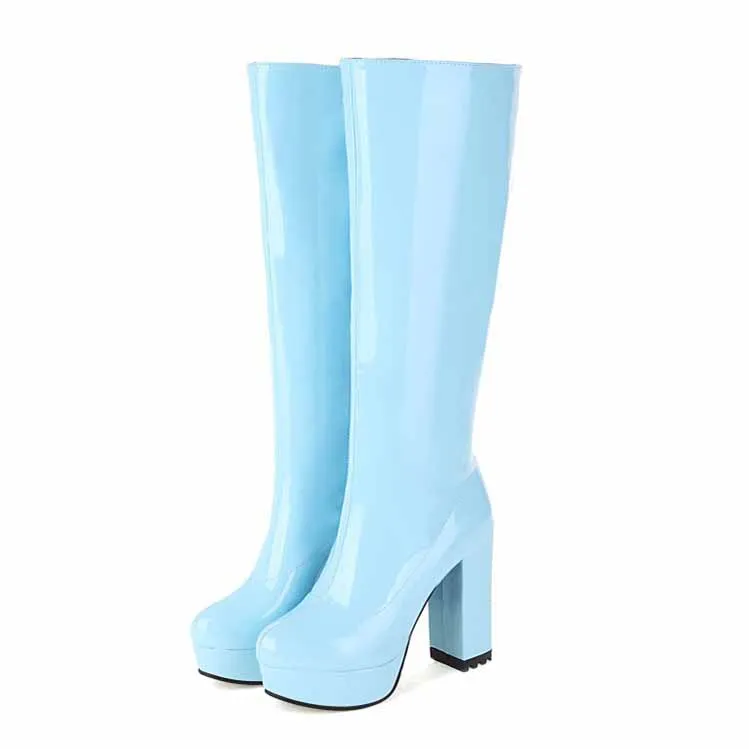 Women's Patent Leather Chunky Heel Knee High Boots