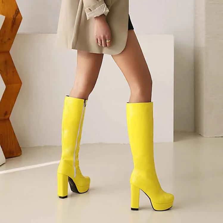 Women's Patent Leather Chunky Heel Knee High Boots