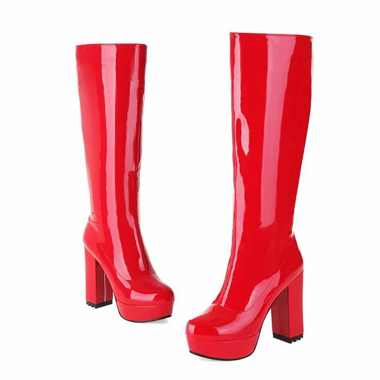 Women's Patent Leather Chunky Heel Knee High Boots