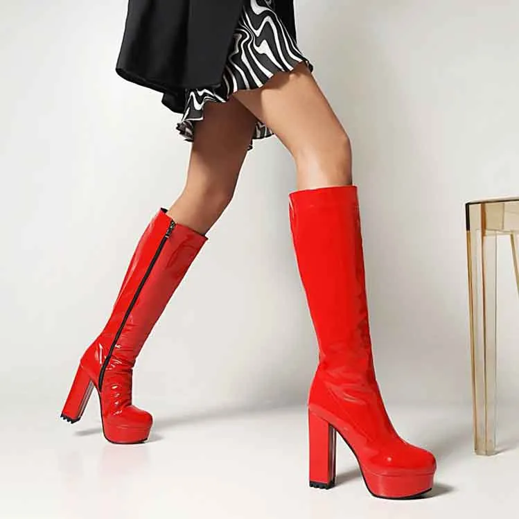 Women's Patent Leather Chunky Heel Knee High Boots