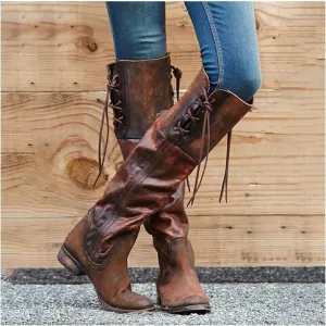 Women's vintage knee high tassels boots chunky low heel round toe boots