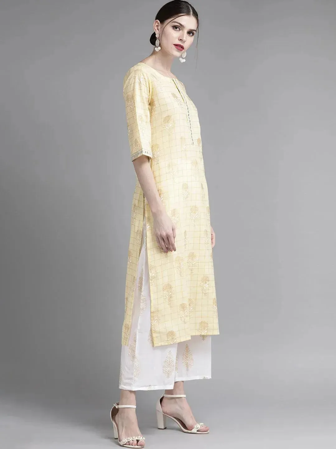 Yellow Printed Cotton Straight Kurta With Palazzos & Stole
