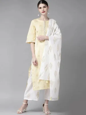 Yellow Printed Cotton Straight Kurta With Palazzos & Stole