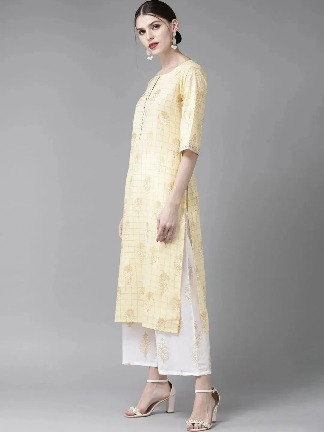 Yellow Printed Cotton Straight Kurta With Palazzos & Stole