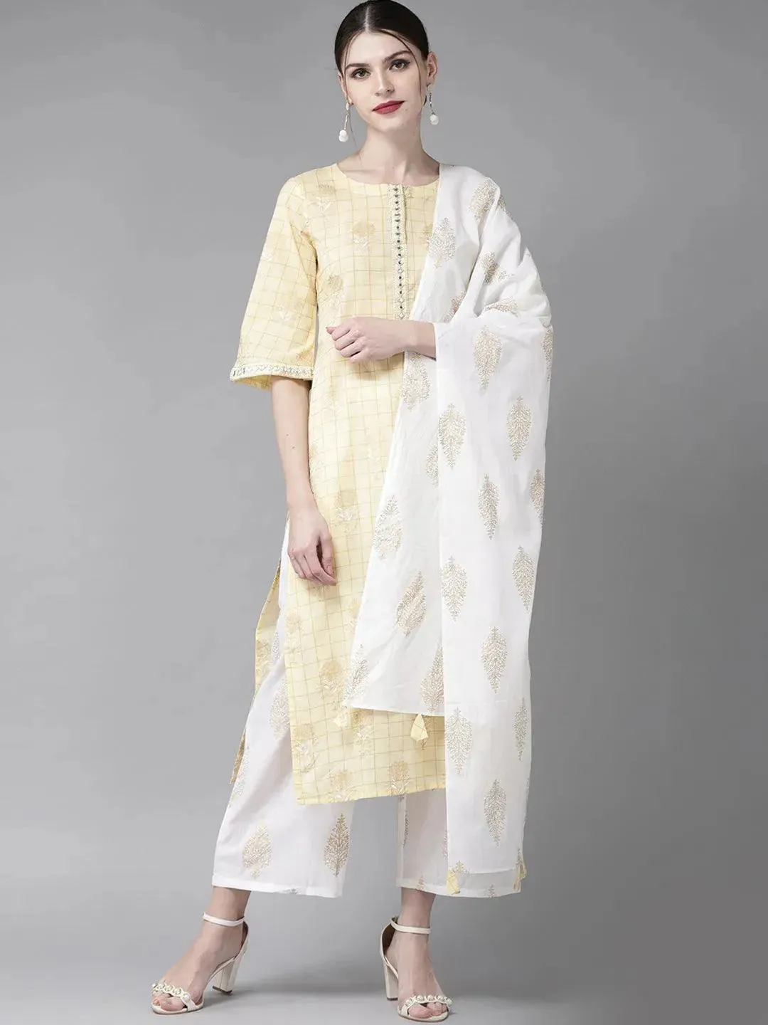 Yellow Printed Cotton Straight Kurta With Palazzos & Stole