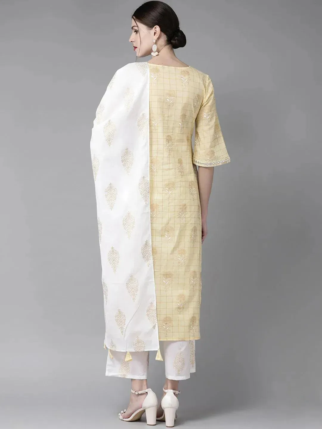 Yellow Printed Cotton Straight Kurta With Palazzos & Stole